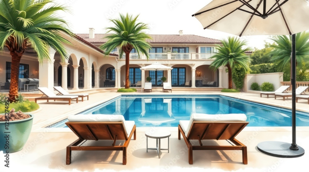 Fototapeta premium Luxury Poolside Villa with Palm Trees and Stunning View