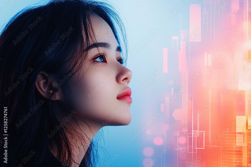 woman gazes thoughtfully at digital interface, blending technology and emotion woman gazes thoughtfully at digital interface, blending technology and emotion