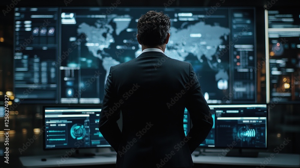 Man reviewing global data, control room, night, security Man reviewing global data, control room, night, security