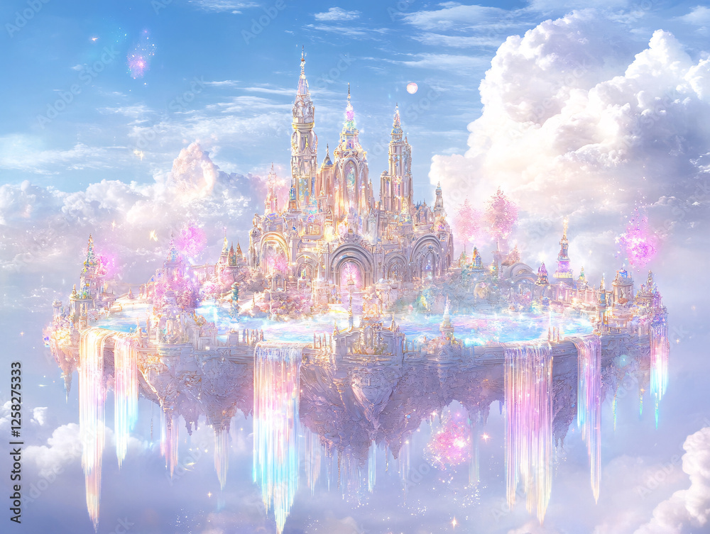 Obraz premium a surreal, whimsical castle floating in the sky amidst a backdrop of fluffy clouds. The castle is adorned with vibrant, iridescent colors and sparkles, giving it a magical and ethereal appearance.