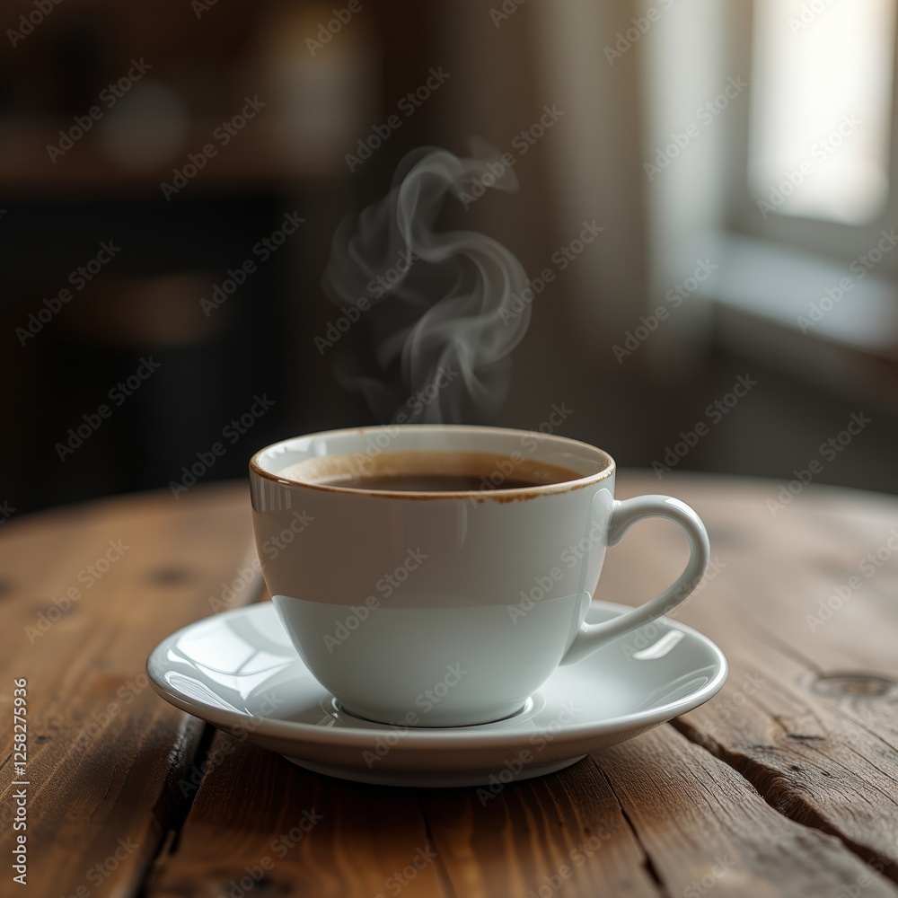 Hot steaming cup of espresso coffee served in white ceramic mug on a warm wooden table ideal for morning or evening relaxation Hot steaming cup of espresso coffee served in white ceramic mug on a warm wooden table ideal for morning or evening relaxation