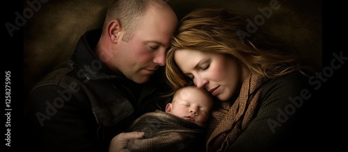 Family portrait parents cuddling newborn, dark background, studio