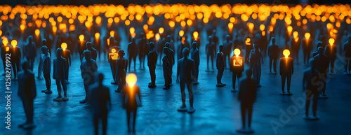 Crowd illuminated ideas, night scene, collective thought