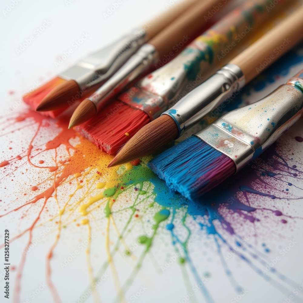 An array of colorful paintbrushes with vibrant splashes of paint on a white background symbolizing the diversity and creativity of artistic tools An array of colorful paintbrushes with vibrant splashes of paint on a white background symbolizing the diversity and creativity of artistic tools