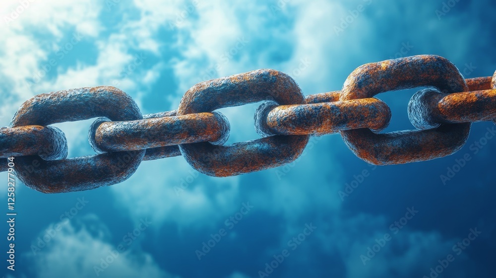 A chain is shown in the image, with the chain being rusty and the sky being blue A chain is shown in the image, with the chain being rusty and the sky being blue