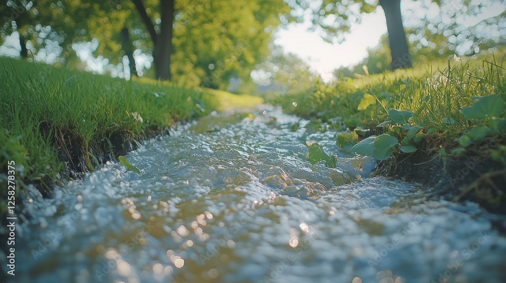 Fototapeta premium Stream flows through park, sunlight, green grass, trees