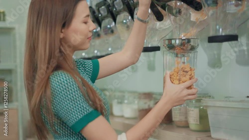 Woman smiling in a zero waste store with jars of bulk food on shelves behind her
