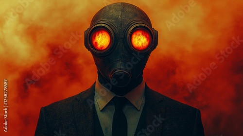 A man in a suit and tie with a gas mask on his face