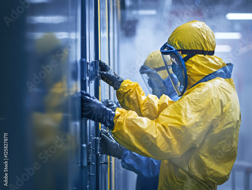 Workers in protective gear applying weather resistant coatings in industrial setting. scene captures importance of safety and precision in hazardous environments