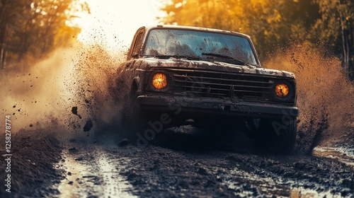 Mud-splattered off-road vehicle speeding through a muddy track.