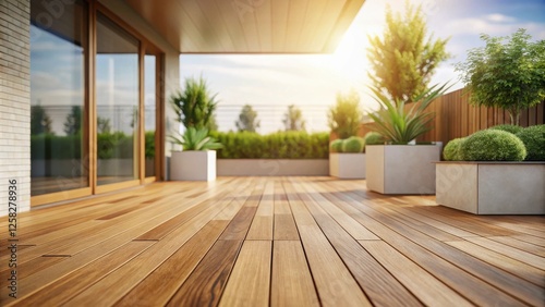 Wallpaper Mural Modern Deck Design Sunlight Illuminates a Tranquil Outdoor Patio with Lush Greenery and Wooden Flooring Torontodigital.ca