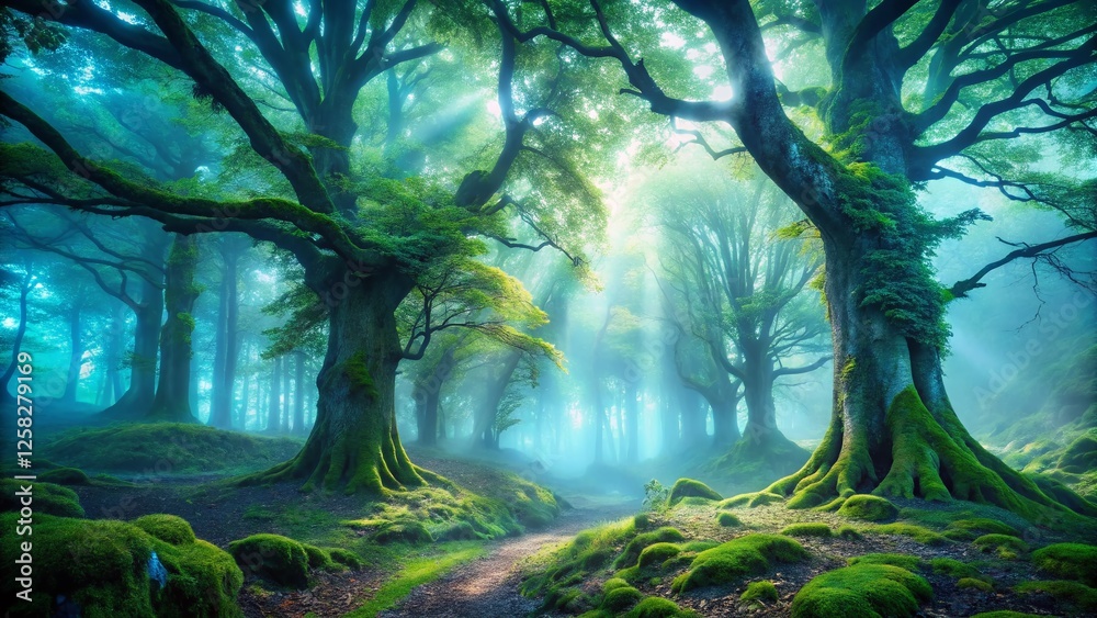 Fototapeta premium Misty Rhoen Forest: Double Exposure Mystic Scene