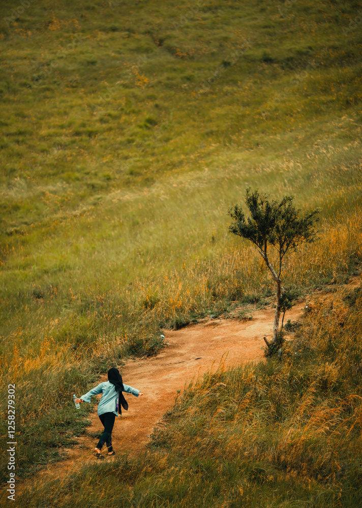 A woman walks along a dirt path in the middle of a golden-green meadow, embracing a moment of freedom in nature. A woman walks along a dirt path in the middle of a golden-green meadow, embracing a moment of freedom in nature.