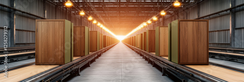 Conveyor belts transporting wooden cabinets in warehouse setting, illuminated by warm lights, create sense of efficiency and organization photo