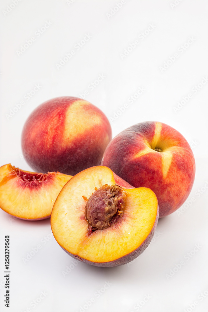 A visually appealing image of fresh peaches, featuring whole and sliced pieces showcasing their vibrant orange-yellow flesh and textured skin.
