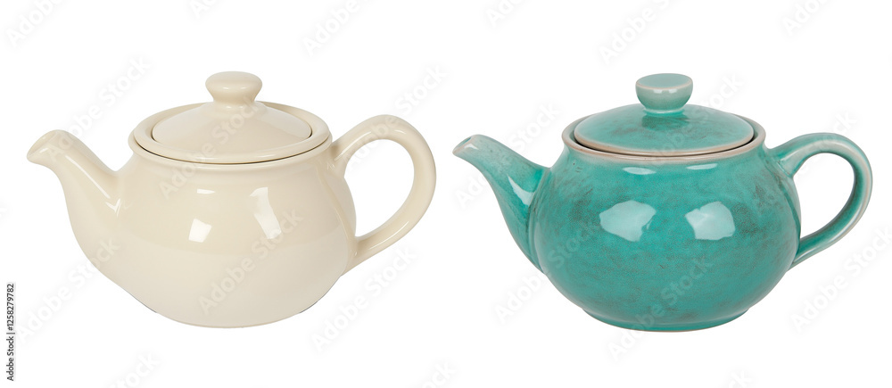 Two ceramic teapots in beige and turquoise colors isolated on a blank background. Perfect for tea culture and kitchenware designs. Two ceramic teapots in beige and turquoise colors isolated on a blank background. Perfect for tea culture and kitchenware designs.