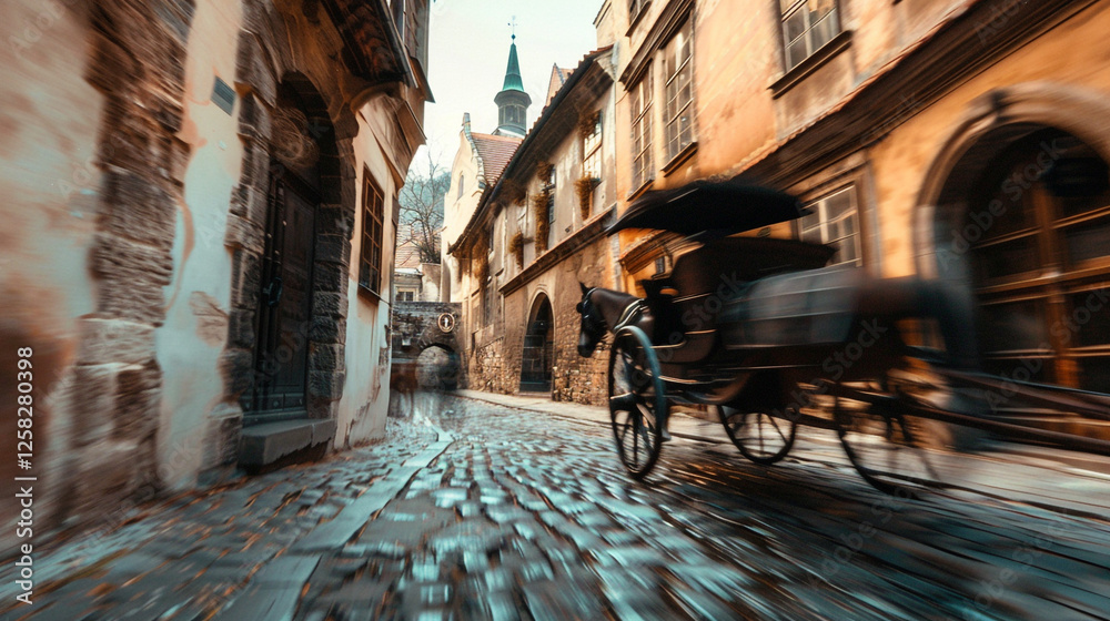 A charming old village street with stone buildings, featuring a blurred horse-drawn carriage passing by. A charming old village street with stone buildings, featuring a blurred horse-drawn carriage passing by.