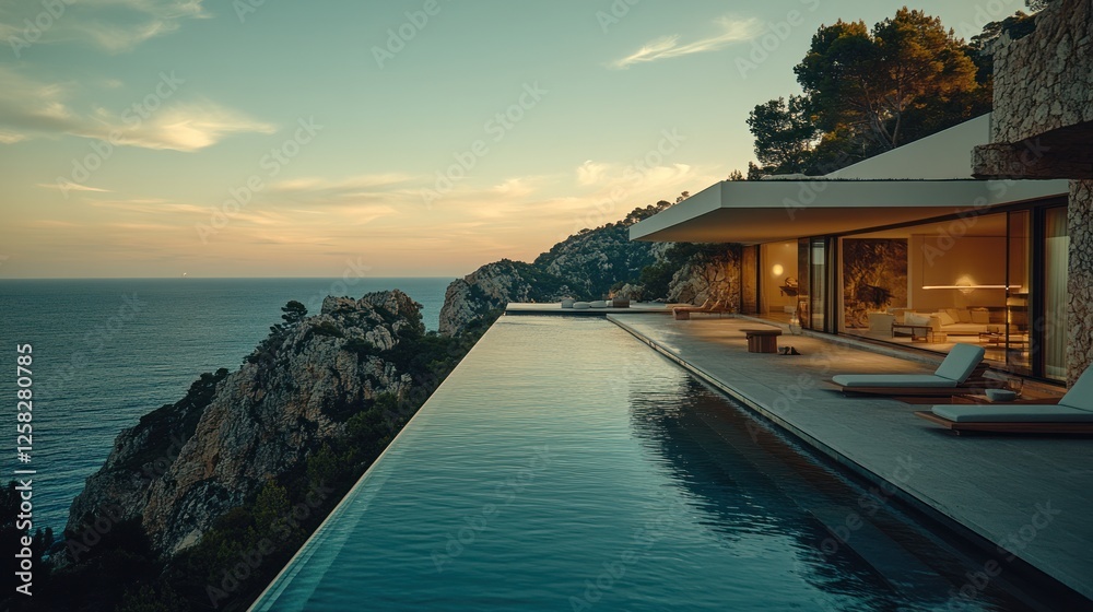 Fototapeta premium Cliffside villa infinity pool sunset luxury real estate