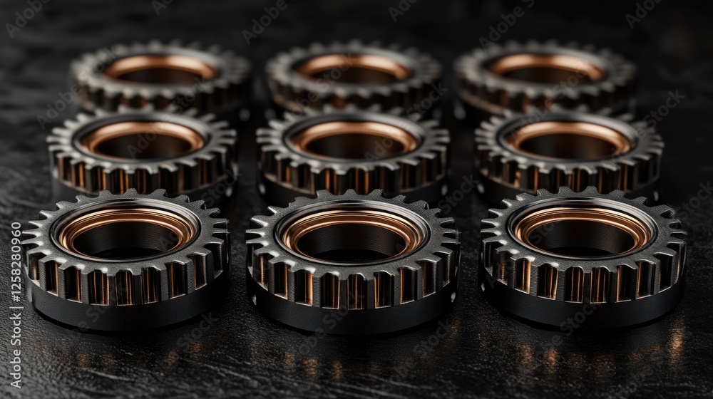 Black gears, copper accents, dark surface, industrial background, engineering concept Black gears, copper accents, dark surface, industrial background, engineering concept
