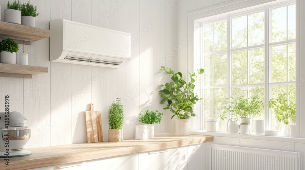 bright kitchen with wall mounted air conditioner, wooden shelves, potted plants, and sunlight streaming through large window bright kitchen with wall mounted air conditioner, wooden shelves, potted plants, and sunlight streaming through large window