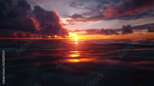 Ocean sunset, dramatic clouds, calm waves, tranquil scene, travel photography