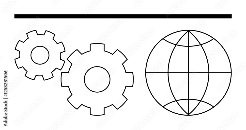 Two interlocking gears beside a globe symbol, representing global operations, technology, and engineering. Ideal for business, innovation, international collaboration, manufacturing, software