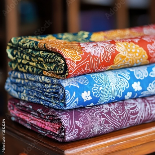 Stacked colorful batik fabrics with floral patterns, creating a vibrant and artistic textile display.