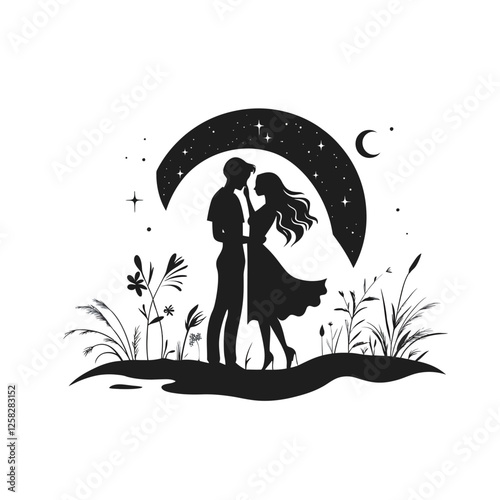 Romantic Silhouette of Lovers Under a Moonlit Sky, 2D Vector Illustration of Love and Nighttime Romance