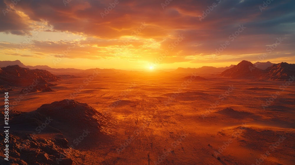 Naklejka premium Desert sunset landscape, aerial view, mountains, fiery sky, travel background