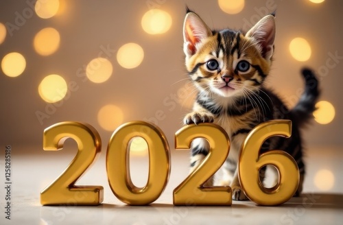 A funny striped kitten sits next to the numbers of the new year 2026 against the background of Christmas lights	