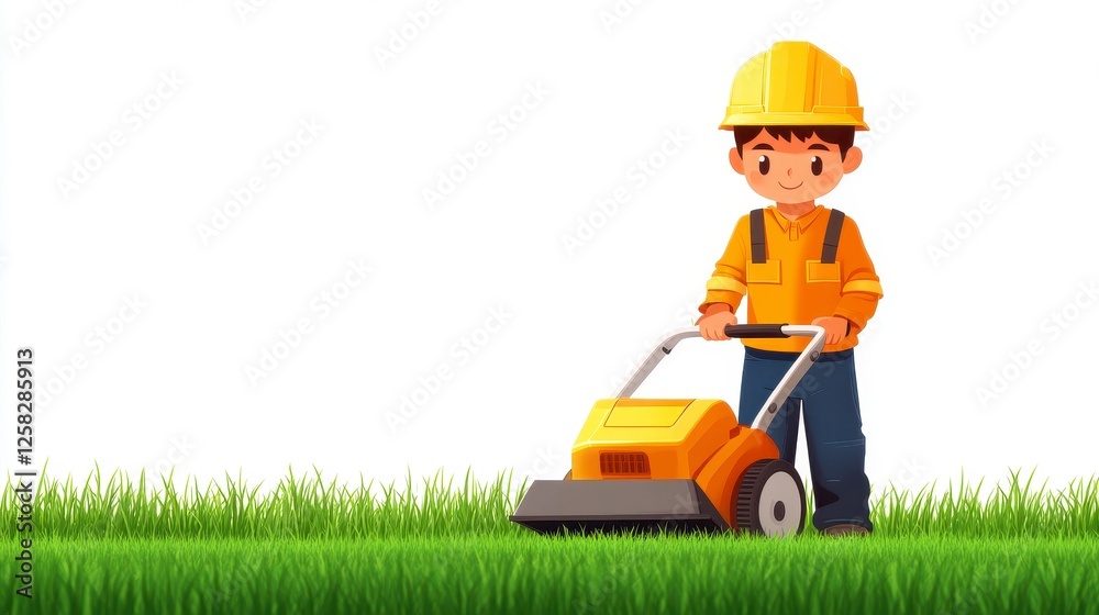 Fototapeta premium Young Boy Operating a Yellow Lawnmower on Green Grass