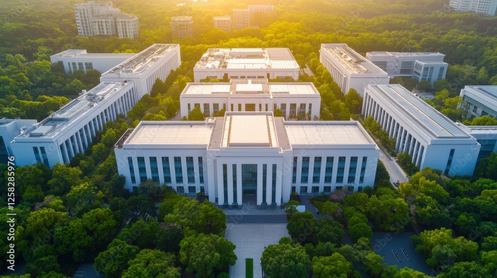 Fototapeta premium Electric vehicles and sustainability manufacturing, Aerial view of modern architectural buildings surrounded by greenery, illuminated by warm sunlight during sunset.