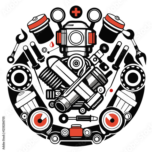 Detailed close-up of a car engine undergoing repair, showcasing various tools, disassembled parts, and the mechanic's hands.