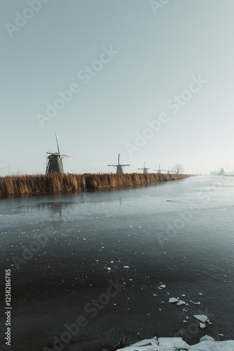 Frosty Kinderdijk mills in winter