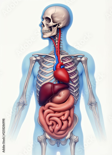 Anatomy of Human Lungs and Heart, internal organs of the human body, body contents such as liver, intestines, heart and nerves, arm bones and nerves, rib overlay. Generative AI
