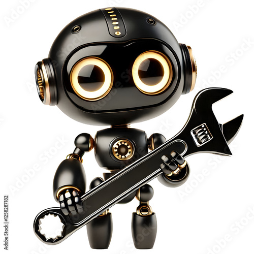 Cute 3D black robot with golden eyes holding adjustable wrench in side view isolated on white background