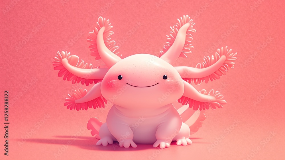 Cute axolotl digital art, pink background, children's book illustration