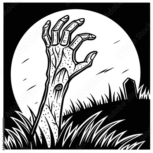 A decaying zombie hand, pale and gruesome, emerges from the earth, reaching towards the viewer.  Fingernails are long and blackened.