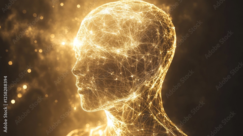Obraz premium Glowing head, network, dark background, idea, digital art