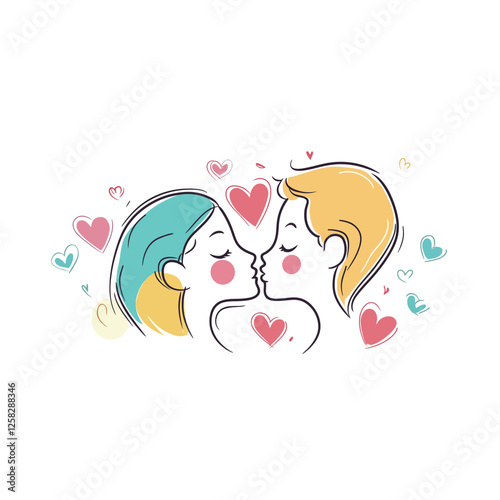 Romantic Happy Valentine’s Day Kissing Vector Illustration, Loving Couple in Sweet Embrace, Love and Affection Concept