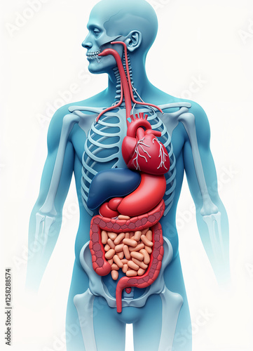 Anatomy of Human Lungs and Heart, internal organs of the human body, body contents such as liver, intestines, heart and nerves, arm bones and nerves, rib overlay. Generative AI