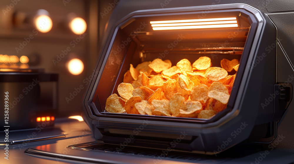Crispy golden chips emerging from modern cooking appliance, showcasing delicious snack. warm lighting enhances appetizing appearance of chips Crispy golden chips emerging from modern cooking appliance, showcasing delicious snack. warm lighting enhances appetizing appearance of chips