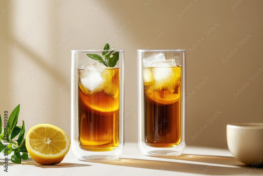 Refreshing iced tea served in tall double-walled glasses on a light table with a pastel background and natural light Refreshing iced tea served in tall double-walled glasses on a light table with a pastel background and natural light
