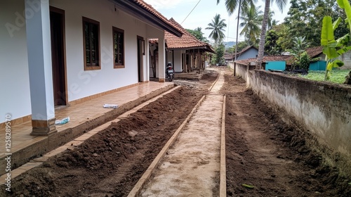 Construction of a pathway in a rural area with houses and palm trees in the background