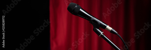 Sleek black microphone on stand placed in front of red velvet stage curtain, suggesting an upcoming performance or speech