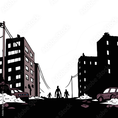 Cybernetically enhanced zombies roam a neon-lit, futuristic cityscape; decaying flesh juxtaposed with advanced technology.