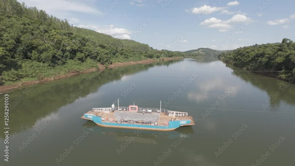 Aerial View of River with Docked Ferry and Surrounding Forest – 4K Drone Footage Aerial View of River with Docked Ferry and Surrounding Forest – 4K Drone Footage