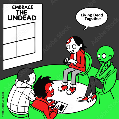 A poignant image depicting a support group meeting of zombies, earnestly sharing their undead experiences and seeking solace in shared struggles.