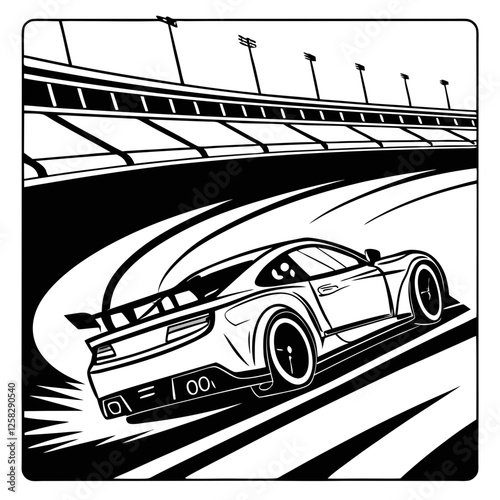 A vibrant, high-speed NASCAR race car aggressively navigating a sharp corner, tires screaming, dust and debris flying.