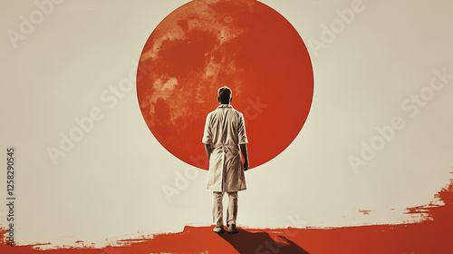 A rear view of a businessman standing confidently in front of a dramatic red sun, symbolizing power and determination photo
